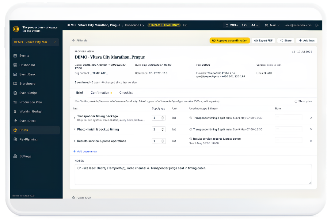 Bonacube Brief — one live document per provider with Quote, Confirmation and Checklist tabs