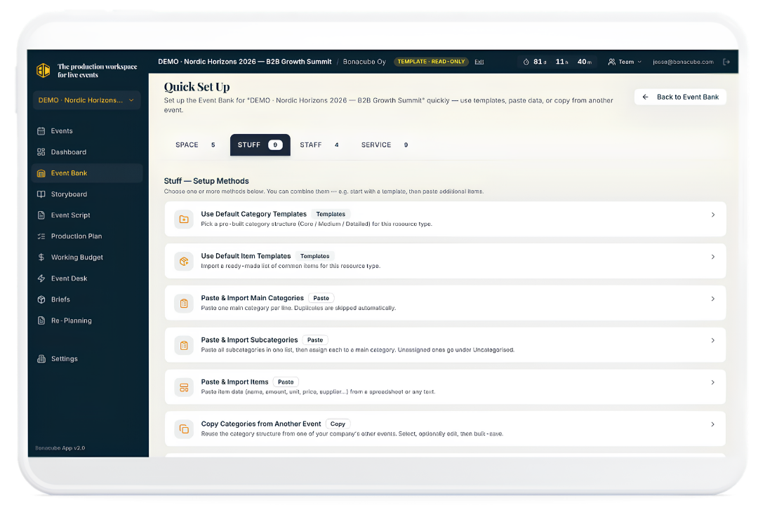 Bonacube Event Bank — quick set-up of Space, Stuff, Staff and Service resources