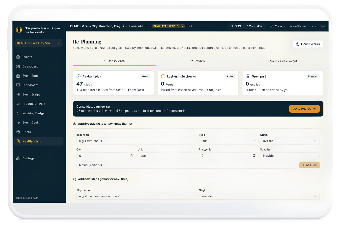 Bonacube Re-Planning — consolidate, review, and save as the next event